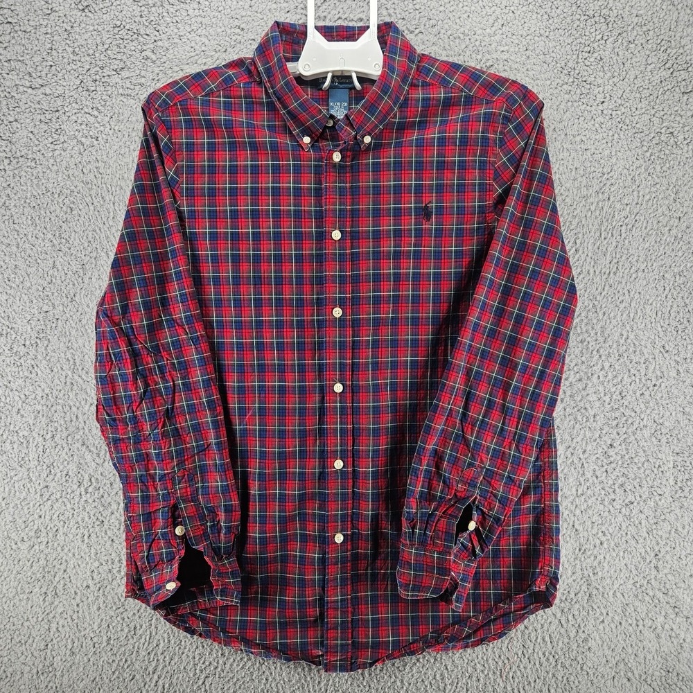 Ralph Lauren Boys XL 18-20 Red Blue Plaid Cotton Button Down Shirt Long Sleeve